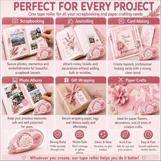 MARCADORUS Double Sided Tape Roller, Scrapbook Glue Tape 6 Pack, Extra-Long | 52 Ft x 0.31 In Each, 312 Ft Total; Permanent, Acid-Free, Photo-Safe Tape for Scrapbooks, Journals, Cards & Crafts