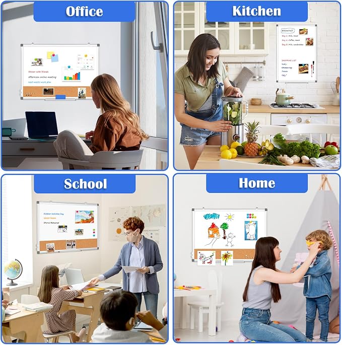 Whiteboard Cork Board Combo for Wall, 24" x 18" Dry Erase Whiteboard | Double-Sided Magnetic, Corkboard White Board Combo, Bulletin Board, Aluminium Frame, Hang Wall Mount, Office Home School