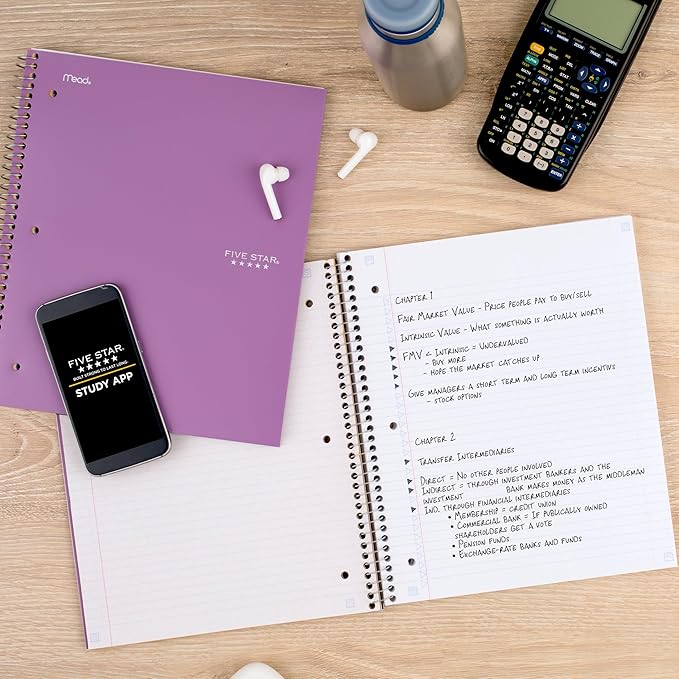 Five Star Spiral Notebook + Study App,100 Sheets,1 Subject,College Ruled Paper,Fights Ink Bleed,Water Resistant Cover,820337-ECM,Purple,Pink,White & Green,8-1/2" x 11",4 Count (Pack of 3)