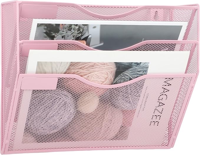 3 Pocket Mesh Hanging Wall File Organizer, Wall Mounted Mail Paper Document Folder Holder, Clipboard Storage Organization Magazine Rack with Nametag Label for Office Home School, Pink