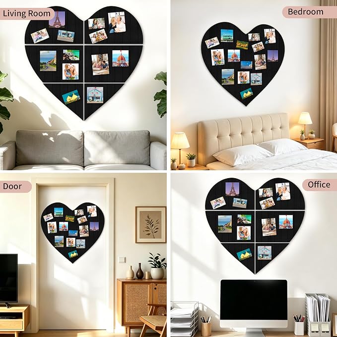 Heart Shaped Felt Bulletin Board 29"x29", 6 Tiles Wall Decor, Black | Photo Display Memo Board for Office Home, Felt Pin Board with Adhesive Tiles and Pins for Notes, Photos and Artwork