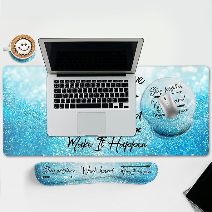 LIMKRIAN Desk Mat Pad Set, Large Mouse Pad with Wrist Rest, Stay Positive | Ergonomic Mouse Pad, Gaming Computer Keyboard Mat Wrist Support, Coaster, Home Office Desk Accessories Decor Supplies