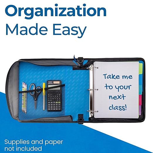 Case-it Universal Zipper Binder | 2-Inch O-Rings, 13-Inch Laptop/Tablet Padded Pocket, 400 Sheet Capacity, Multiple Storage Pockets & Shoulder Strap | School & Office Organizer | LT-007 Denim Blue