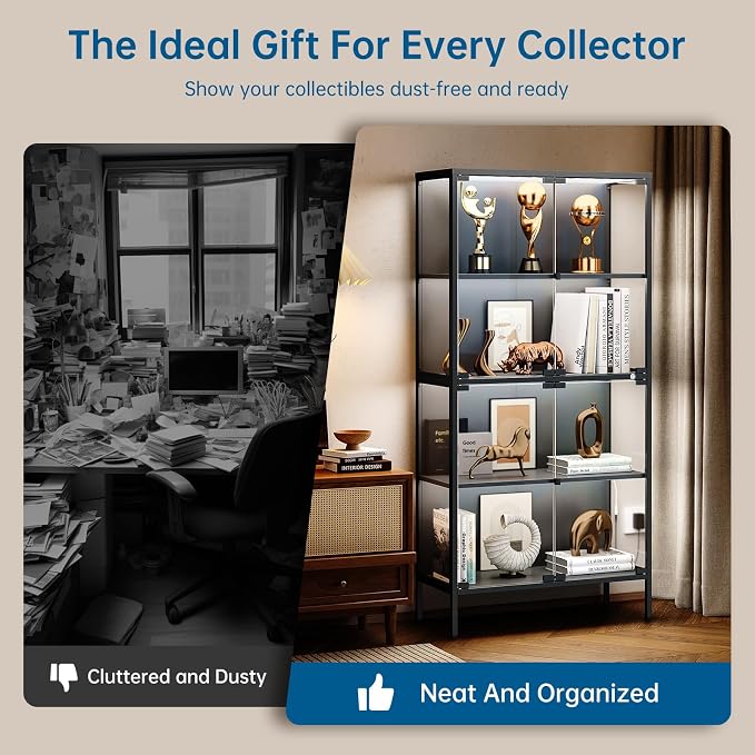 PEUKC 65" Glass Display Cabinet with 3-Color LED Light, Display Case with 4 Tempered Glass Doors and Shelves, Metal Frame Curio Storage Cabinet for Collectibles, Figures, Awards, Book, Toy (Black)