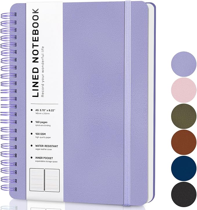 Lined Spiral Notebook for Women, A5 College Ruled Leather Spiral Journals | 160 Pages Small Journaling Notebooks, 5.7"x11" Note Book for Writing, Work, School, Men, Hardcover Leather Journals, Purple