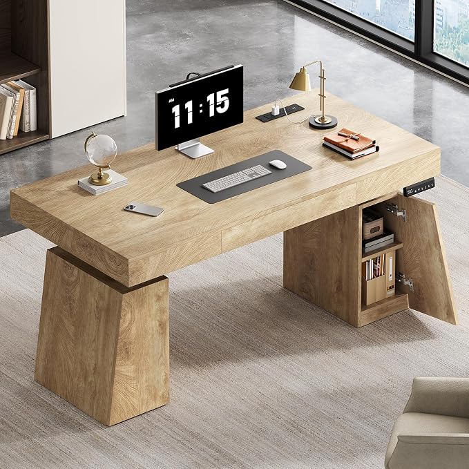 55 in Executive Standing Desk, Modern Electric Height Adjustable Desk with Drawer, Storage Cabinet, Shelves, Power Outlet, Wood Sit Stand up Computer Desks for Home Office, Oak