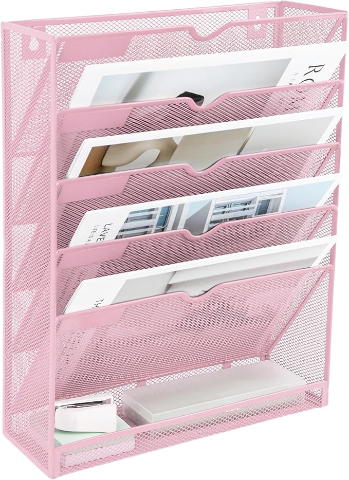 6 Tier Mesh Hanging Wall File Organizer, Desk Vertical Mail Paper Document Folder Holder Rack with Bottom Tray and Nametag Label for Office Home School, Pink