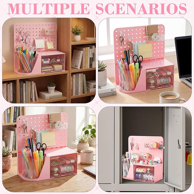 Novabright Desk Organizer with Drawers, Rotating Pen Holder with 5 Slots & Pegboard, Back to School & First Day of School Gifts, Multifunctional Desktop Storage for Desk Home Office Supplies(Pink)