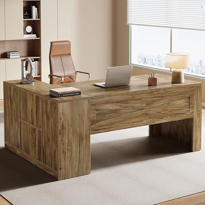 Tribesigns 71" L-Shaped Executive Desk with File Cabinet, Large Office Computer Table with Storage Shelves, Professional Business Furniture Workstation for Home Office, Rustic Brown