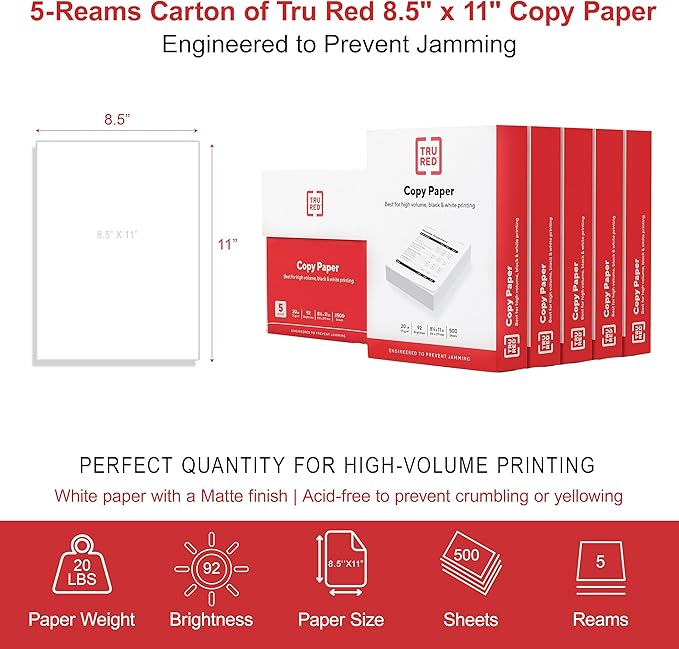 TRU RED Copy Paper, 8.5x11 Inch, 92 Brightness, 20 lb., 500 Sheets/Ream | Matte finish white paper for everyday printing, copying, and office documents.