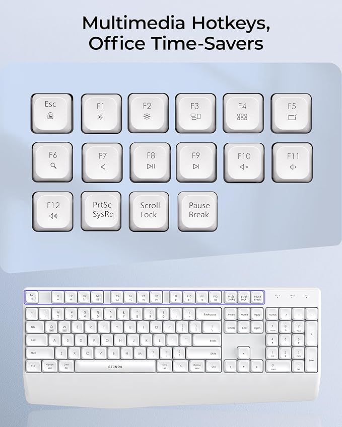 seenda COE200 Wireless Bluetooth Keyboard and Mouse Combo with Wrist Rest | USB/Bluetooth multi-device switching, quiet clicks, full-size ergonomic set for PC, laptop, Mac, and MacBook, White