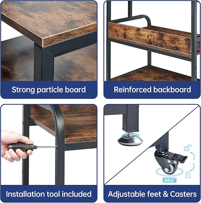 Fannova 32.3" Wide Extra Large Printer Stand with Adjustable Storage Shelf | Heavy Duty Printer Table with Industrial Wheels, 3 Tier Rolling Cart for 3D Printers Wide Format Printers, Rustic Brown