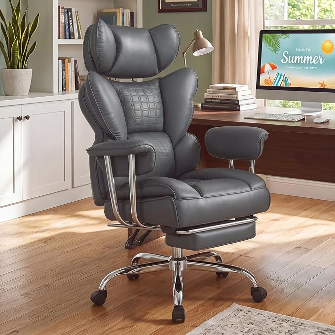 DUMOS Big and Tall Home Office Desk Chair, Executive Chair with Footrest | Scratch-Resistant PU Leather, Ergonomic Reclining, Pocket Spring Support, 400 LBS Weight Capacity, Grey