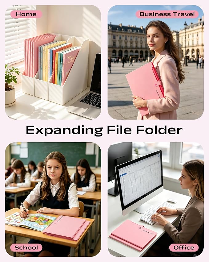 2 Pack Accordion File Organizer, 8 Pockets Expanding File Folder with Labels, Portable Document Paper Receipt Organizer for School Office Hospital, Letter/A4 Size Pink
