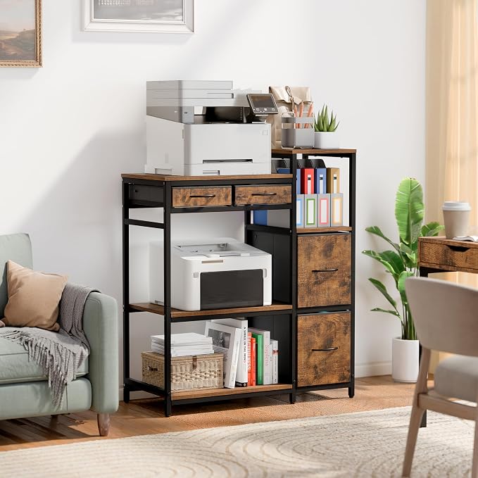 JUSTOGO Printer Stand with 4 Drawer, Extra Large File Cabinet | Extended Shelf for Large Printer, Holds 2 Large Printer, 5 Tier Open Storage, Filing Cabinet for Home Office, Printer Table