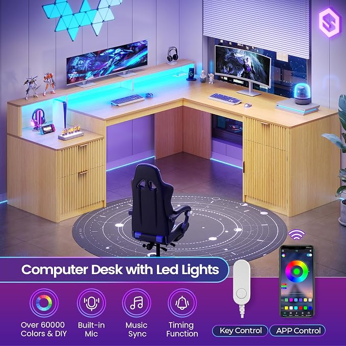 SEDETA 66" Modern L Shaped Desk with Drawers, Fluted Home Office Desk with File Cabinet and Printer Shelf, Wood Executive Desk with Monitor Stand, Power Outlets, Led Lights, Oak