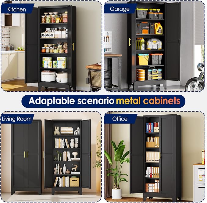 erosoei 71" H Metal Garage Storage Cabinet, Black Metal Pantry Cabinet with 2 Doors, Locker Steel Cabinet with 4 Adjustable Shelves, Freestanding Cupboard for Garage,Office,Home,Gym,School