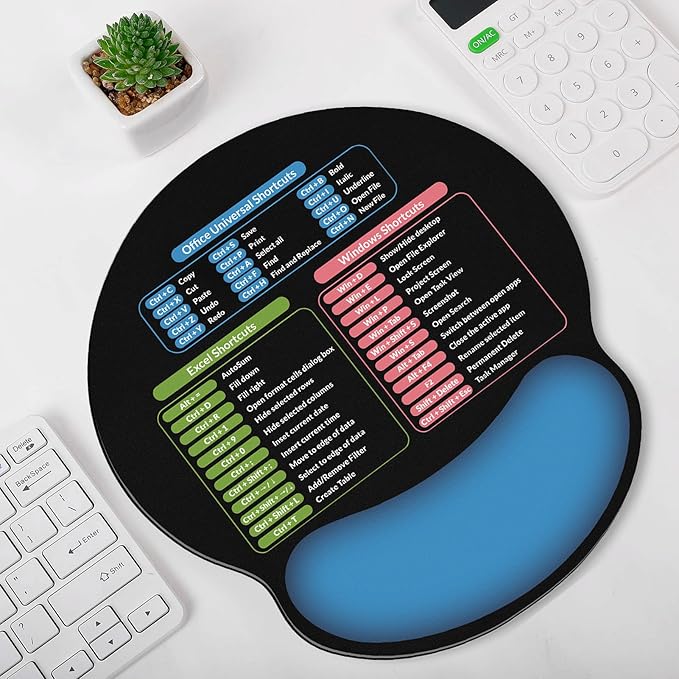 KONVINIT Ergonomic Mouse Pad with Wrist Rest, Small Excel Cheat Sheet Desk Pad with Windows & Office & Excel Shortcuts, Non-Slip Rubber Base Mouse Pads for Desk with Smooth Surface, Black Blue