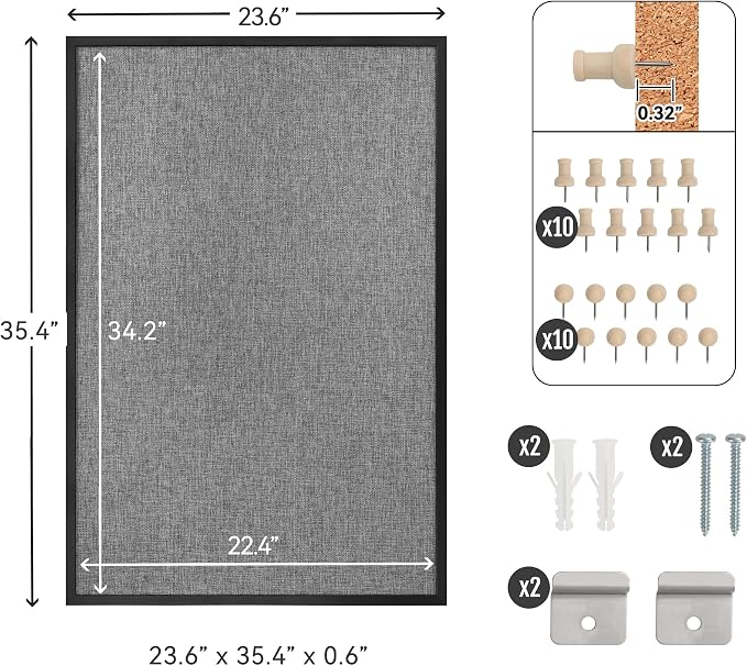 SELEAD Double-Sided Linen and Cork Bulletin Board (36"x24", Grey) | 2-in-1 Fabric Linen & Cork Pin Board, White Wood Frame Wall Decor Photo Display Vision Board for Home Family, Office, School
