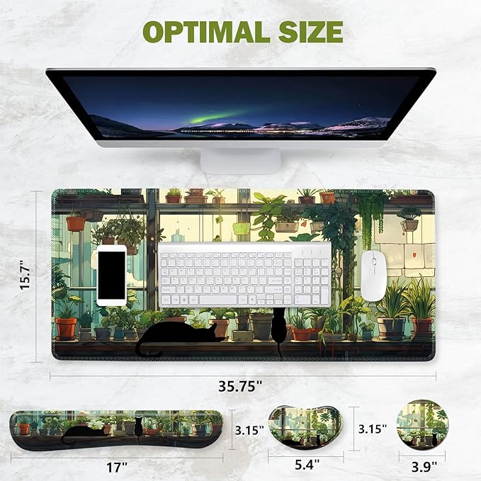 ToLuLu Extended Gaming Mouse Pad, Memory Foam Keyboard Mouse Wrist Rest Set | Large Desk Mat with Stitched Edges, Non-Slip Base Ergonomic Support Mousepad Home office, Cute Green Japanese Kawaii Cat