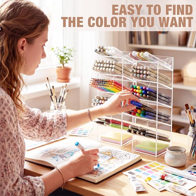 MotiMind Acrylic Pen Organizer Storage for 60 Markers Vertical Marker Organizer Acrylic Pen Display Holder for Office Desk Desktop Stationery Pencil Storage, Clear, 3.4 x 4 x 13 Inch