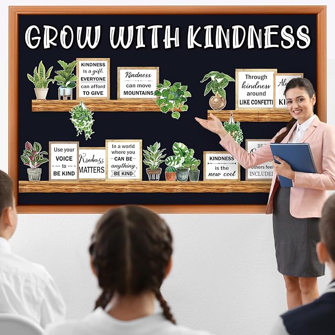 Qilery Bookshelf Bulletin Board Set Motivational Classroom Decor | Reading Library Bulletin Board Set Inspirational Cutout for Back to School Classroom Decoration(Grow with Kindness)