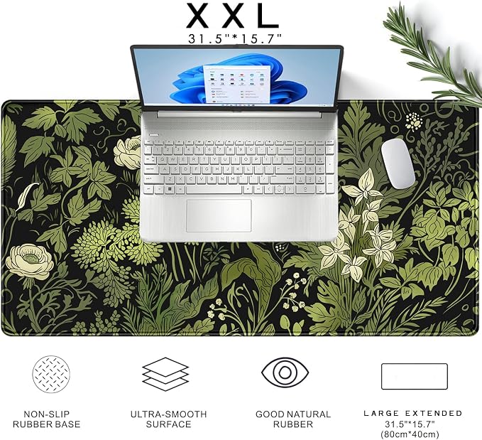 Floral Desk Mat Green Leaves Plant Desk Pad Matt for Desktop Large Gaming Mousepad XXL Full Desk Mouse Pad Computer Keyboard Mat Deskmat Aesthetic Office Desk Decor 31.5 X 15.7 Inch