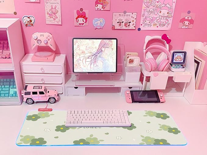 JMIYAV Pink RGB Gaming Mouse Pad 31.5x12 Inch PC XL Large Extended Glowing Led Light Up Desk Pad Non-Slip Rubber Base Computer Cute Mousepad Mat Desk Accessories Gaming Setup Bloom Flower