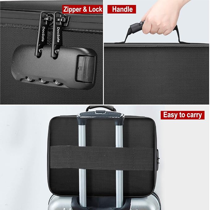 DocSafe Document Bag with Lock, Fireproof 3-Layer File Storage Box, Black | Water-Resistant Zipper, Document Safe Portable Travel Home Office Organizer Bag for Laptop,Files,Certificates, Gifts for Him
