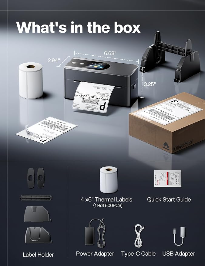 Phomemo PM64D Thermal Label Printer with Label Holder & 500PCS 4X6 Labels | Upgraded Support Preset Label Template for Offline Printing, 10 Languages and One-Key Reprint for Small Business Logo Labels
