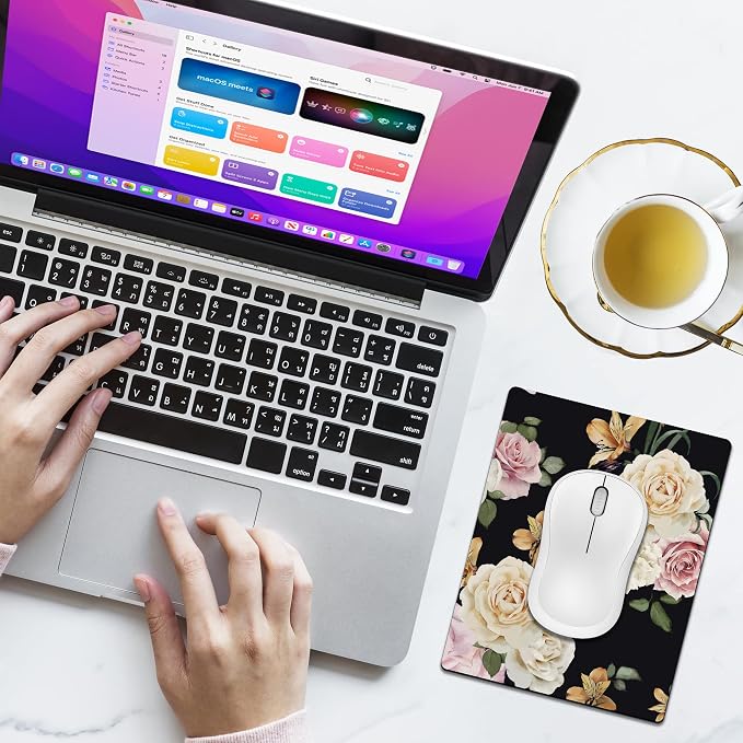 Small Mouse Pad Cute, Mini Mouse Pads for Wireless Mouse and Laptop, Travel Mousepads with Design - Floral on Black Background, Portable Mousepad 5.5 x 7 In, Pretty Desk Accessories for Women