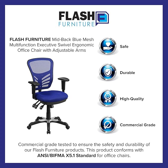 Flash Furniture Mid-Back Blue Mesh Multifunction Executive Swivel Ergonomic Office Chair with Adjustable Arms | Adjustable Armrests, 360° Swivel, Height Adjustable, Commercial Grade