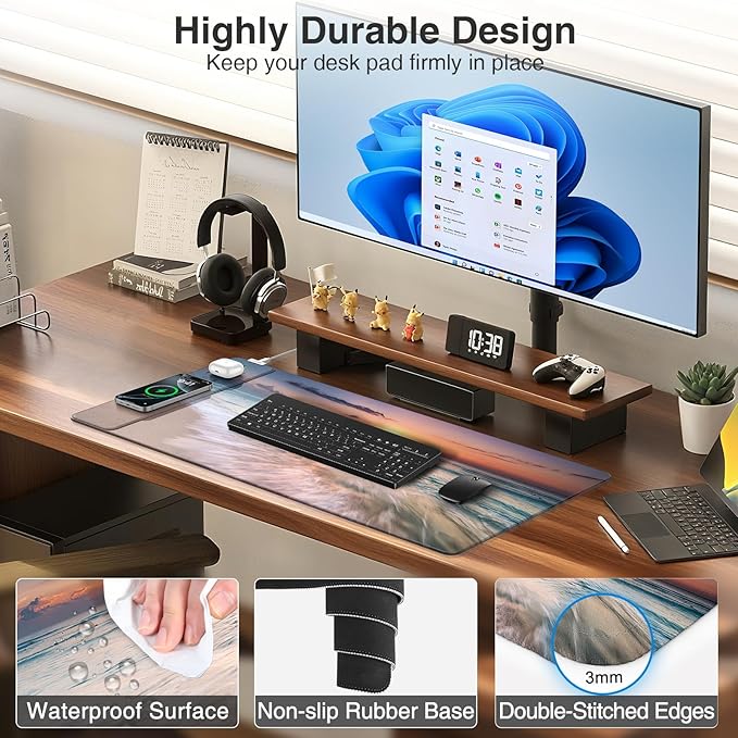 Mouse Pad with Magnetic Wireless Charging, 31.5"x15.8" in, Beach Sunset | Gaming Desk Mat for Keyboard/Laptop, Waterproof Easy Gliding Surface, Non-Slip Base, Durable Stitched Edge