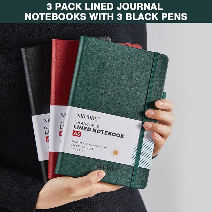 Hardcover Journal Notebook, A5 (5.7"x8.4"), 3 Pack 160 Pages Lined Journaling Notebooks with Pen, for Women, Men, Work, Writing, Travel, 100GSM Ruled Paper, School Office Supplies, Black, Red, Green