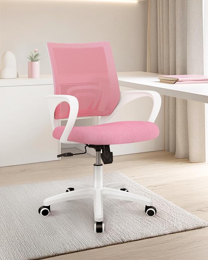 NEO CHAIR Office Computer Chair Ergonomic Mid-Back Mesh Desk Chair, Pink | Breathable Mesh Back with Lumbar Support, Height Adjustment, Smooth Rolling Casters for Home Office, Study or Gaming Setup