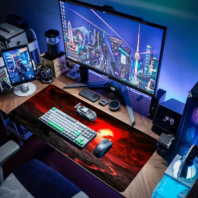 Gaming Mouse Pad Desk Pad XL Large Mouse Mat Office Decor Accessories (Red Moon)
