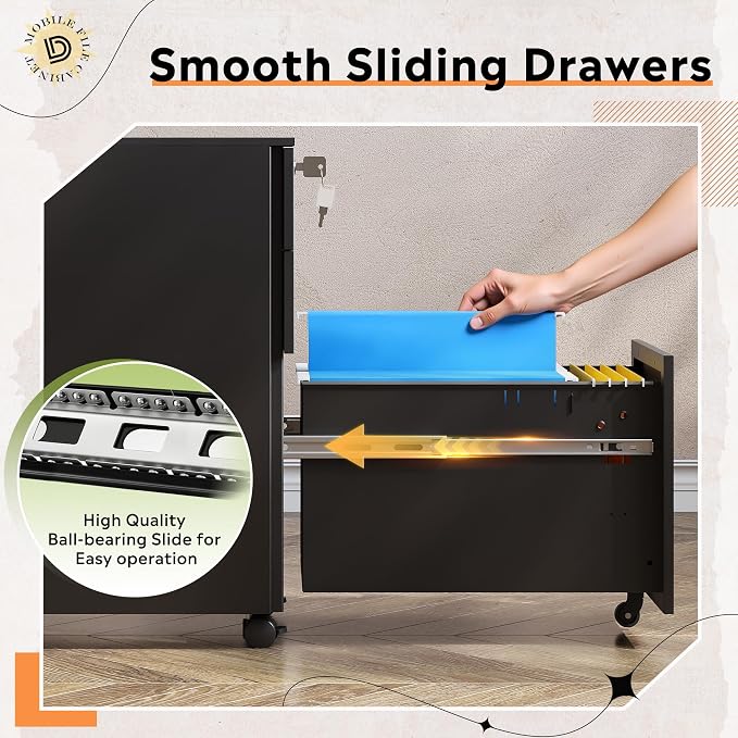 DEVAISE 3 Drawer Mobile File Cabinet, Fully Assembled Except Casters | Metal Filing Cabinet with Lock Under Desk for Home Office, Printer Stand fits A4/Letter/Legal Size, Black