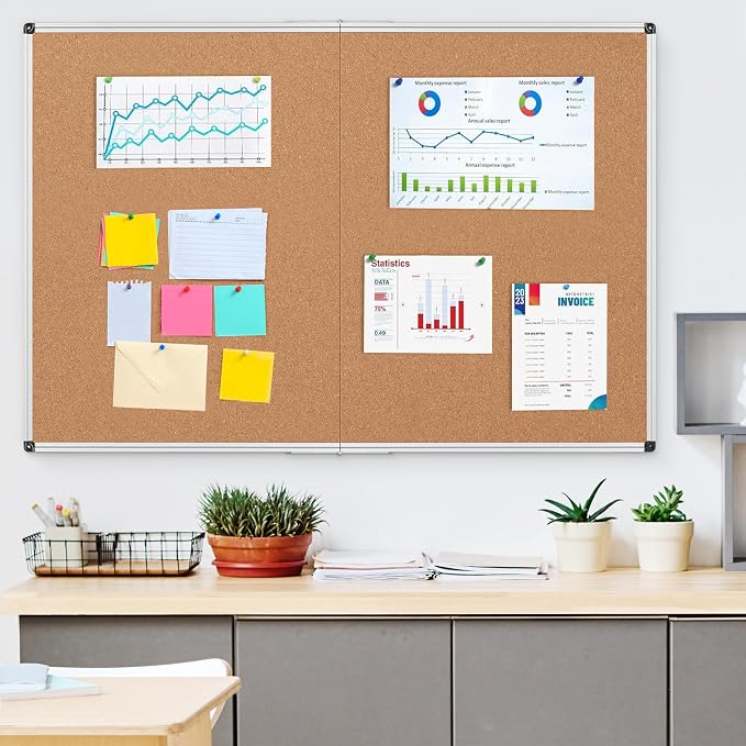 Cork Board Bulletin Board 36 x 48, Silver Aluminium Framed 4x3 Corkboard, Foldable Office Board for Wall, Large Wall Mounted Notice Pin Board with 36 Push Pins for School, Home & Office