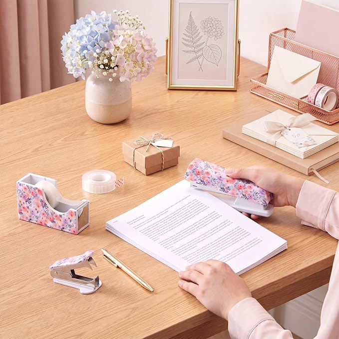 Eaasty Floral Stapler and Tape Dispenser Set for Women, Rose | Cute Office Supplies Set with 2 Tape Rolls, Staple Remover and 1000pcs 24/6 Staples, Teacher Desk Accessories for Women