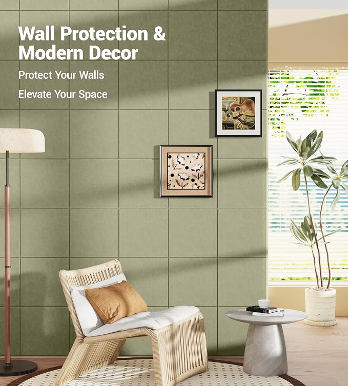28" x 18" Felt Bulletin Board Tiles 1/2" Thick, Sage Green | 6 Pack Felt Tiles, Large Cork Board Alternative, 30 Adhesive Tabs, Pin Board for Home Office Decor with Easy Install