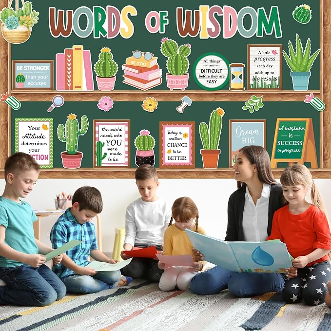 Mooliwe 57 Pcs Cactus Bulletin Board Set Inspirational Classroom Cutouts | Positive Sayings for Teacher Office Wall, Motivational Quotes Cacti Theme, Summer Classroom Display Decor Supplies