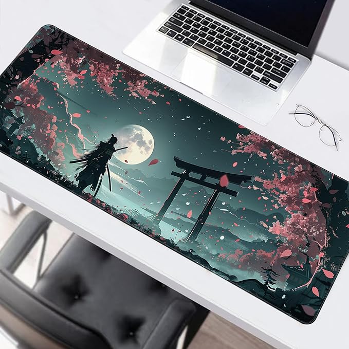 Long Gaming Mouse Pad Extended Anime Large Desk Pad with Non-Slip Base Full Keyboard Mat with Stitched Edges for Gaming and Office 31.5 x 11.8 inches (Samurai)