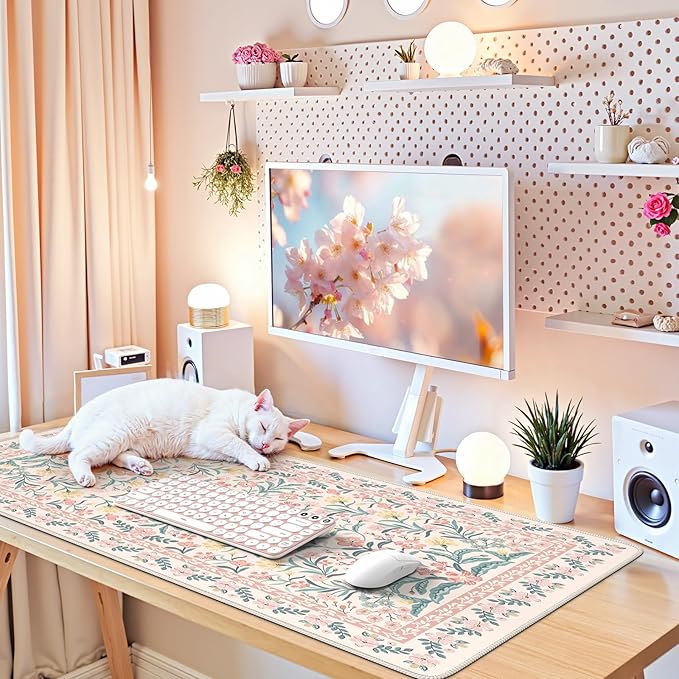 iCasso Desk Mat,Mouse Pad for Office Desk,35.4x15.7in,Pink Floral | Desk Pad for Women Home Office Decor Supplies, Desk Accessories, Non-Slip Mousepad with Stitched Edge, Smooth Water-Resistant