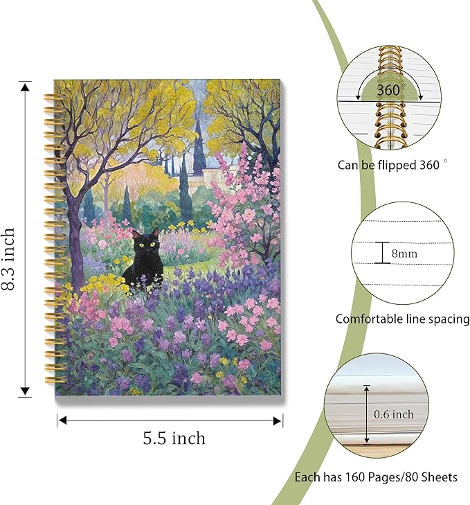 Garden Floral Black Cat Spiral Notebook, Black Cat Gifts Journal, Cats Lovers Mom Lady Gifts Journal Notebook, 5.5x8.3 Inch