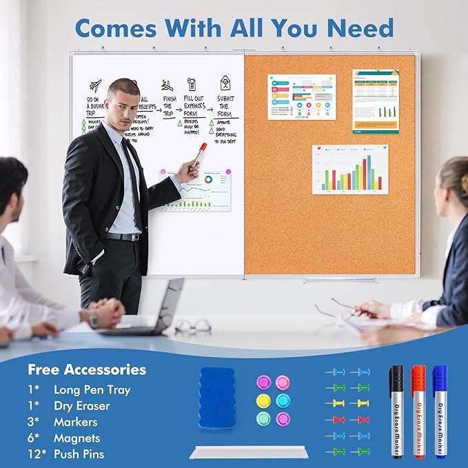 Magnetic White & Cork Board Combo 48" x 36" Aluminum Frame | Dry Erase Bulletin Board, Wall Mounted or Hanging. Dual-function Surface for Writing & Pinning. Ideal for Home, Office, Shool