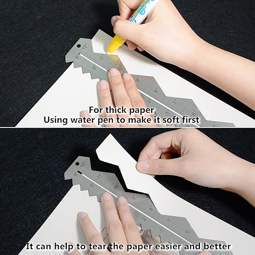 Stainless Steel Metal Paper Tearing Ruler Craft Ruler for Cutting Paper to Wavy Line Jagged and Irregular Edges 12'' Measuring Tool for Engineering School Office Architect and Drawing