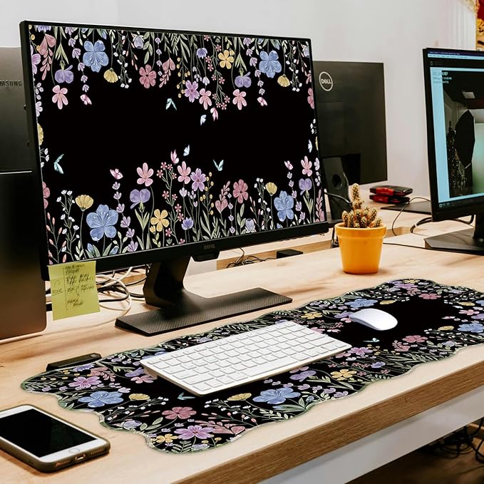 L-SPOUTTO Black Floral Mouse Pad,Scalloped Desk Mat XXL Gaming Mousepad | Botanical 35.4x15.7in Large Non-Slip Rubber Base Keyboard Pad Waterproof Desktop Mat for Laptop Computer Game Home Office
