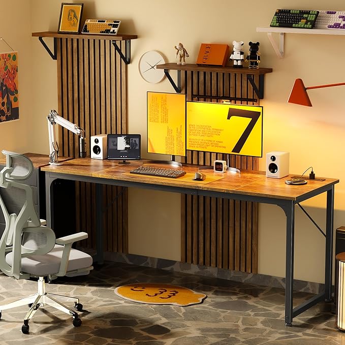 70 X 24 Inch Computer Desk, Power Outlets, USB-C, Rustic Brown | Office Desk with 4 AC Outlets, USB & USB-C, Sturdy Metal Frame, Spacious Desktop for Work, Writing, Study & Gaming