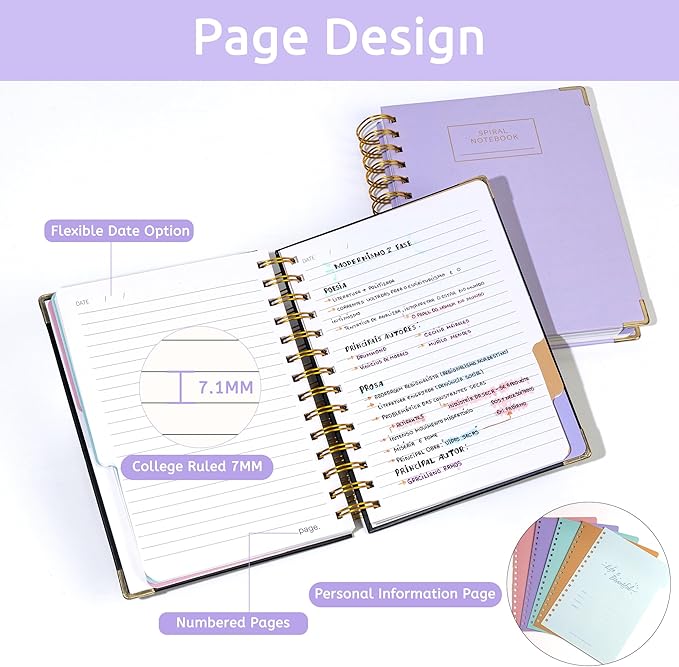 Yoment Hardcover Spiral Notebook with Tabs 6.1"x8.3" Small Spiral Notebook | 200 Pages Journals for Women Men with Dividers College Ruled Notebook 5 Subject Notebook for Work School Gifts, Purple