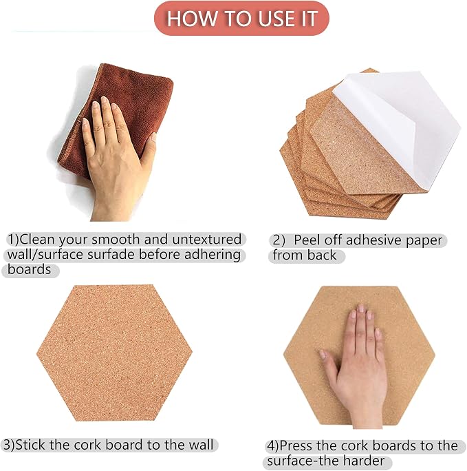 SUNGIFT Hexagon Cork Board Tiles, 6 Pack, 1/2" Thick, 12" x 10.2" | Self-Adhesive Cork Pin Boards with 50 Push Pins for Lightweight Notes, Photos and Dry Indoor Smooth Walls